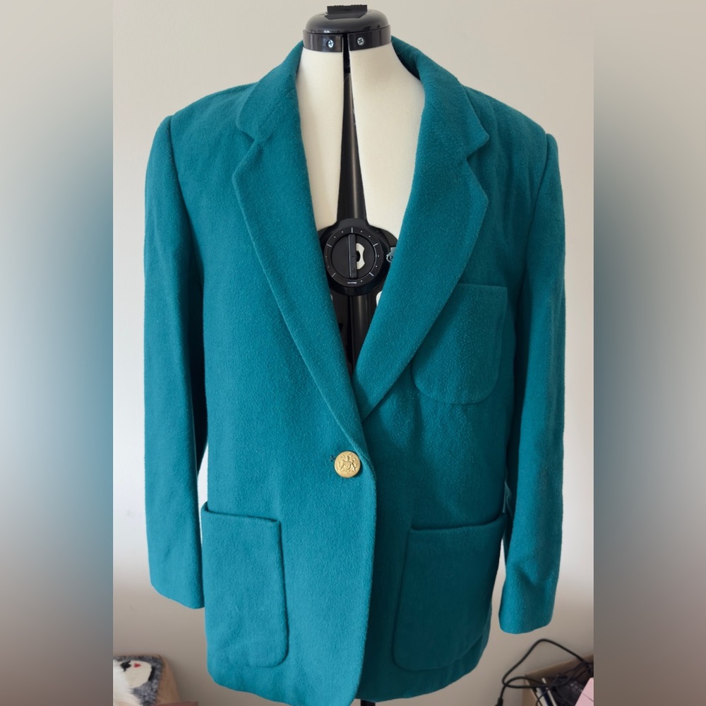 Vintage Teal Wool Blazer Gold Button Oversized 90s Size 12